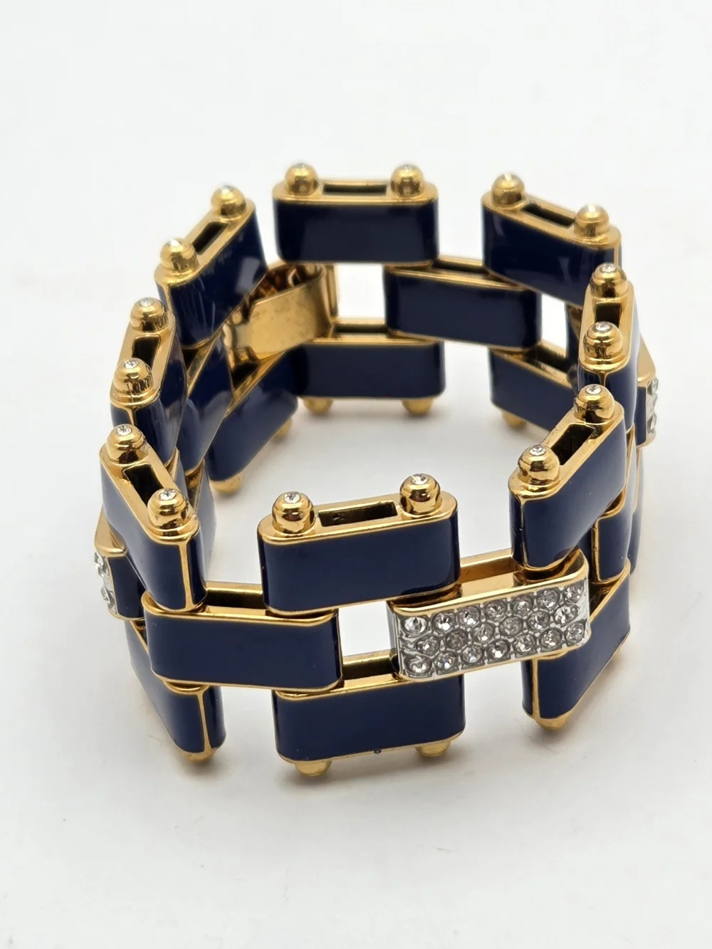 Juicy Couture Navy Blue Enamel Rhinestone Link Bracelet Gold Tone Wide 7